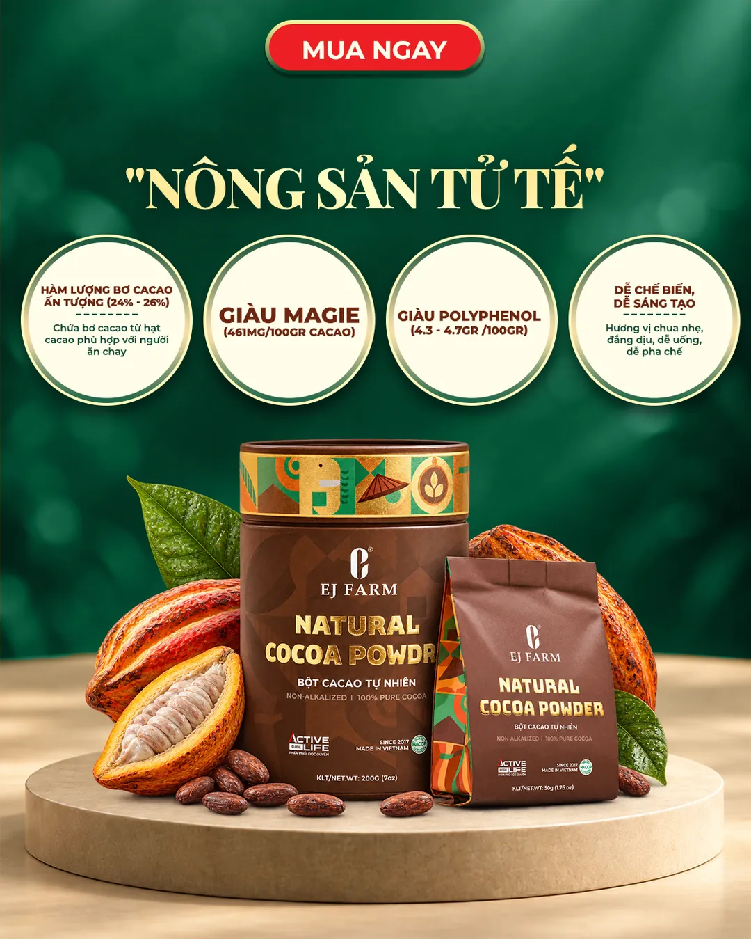 Một thành phẩm cho khát vọng nông sản tử tế: hàm lượng bơ cacao 24–26%, giàu magie 461mg/100g, giàu polyphenol 4,3–4,7g/100g, hương vị chua nhẹ đắng dịu dễ pha chế